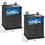 Hasuit Nightstands Set of 2 with Charging Station and LED Lights, Large Bedside Table with 3 Storage Drawer, Black Night Stand for Bedroom, Wider Tabletop 19.0''(L) x 15.0''(W)