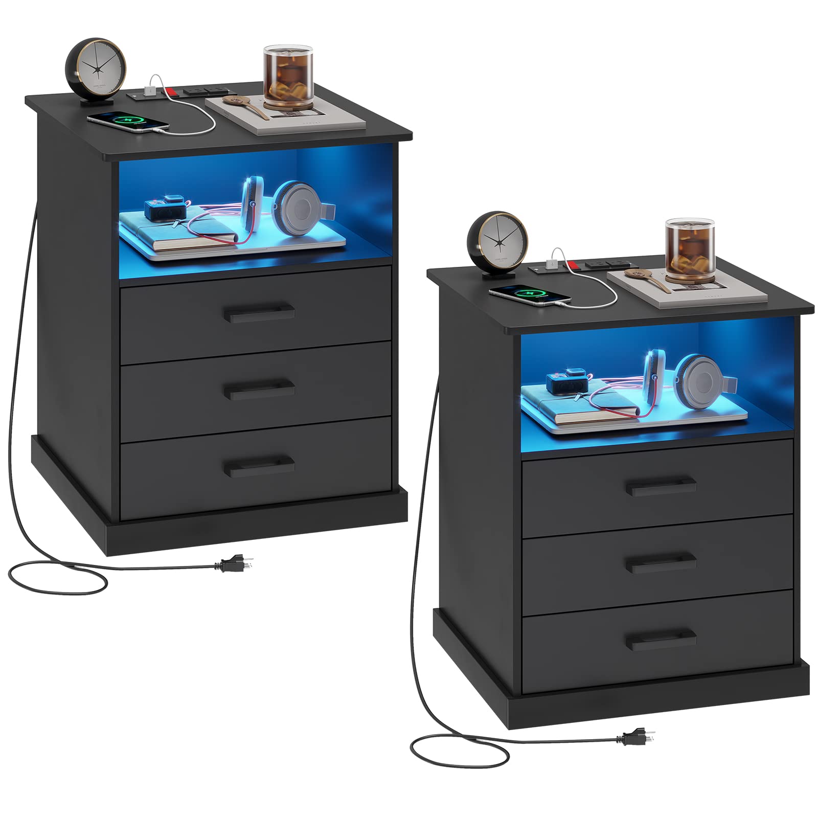 Hasuit Nightstands Set of 2 with Charging Station and LED Lights, Large Bedside Table with 3 Storage Drawer, Black Night Stand for Bedroom, Wider