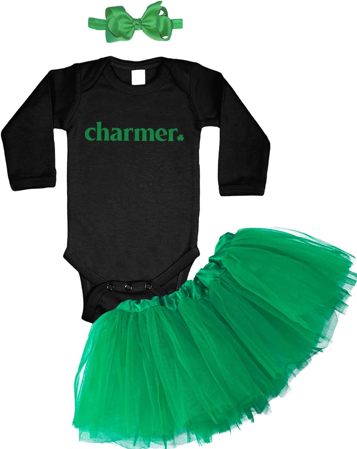 Charmer - Shamrock Clover St. Patrick's Day Baby Bodysuit + Tutu Skirt + Bow Headband Set