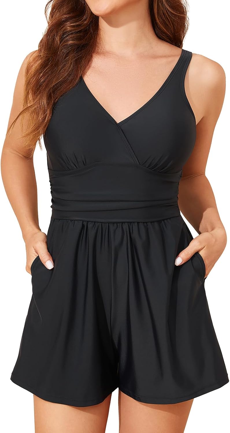 Smismivo Swim Rompers for Women Tummy Control V Neck Swimsuits with Shorts One Piece Modest Bathing Suits Full Coverage 2026