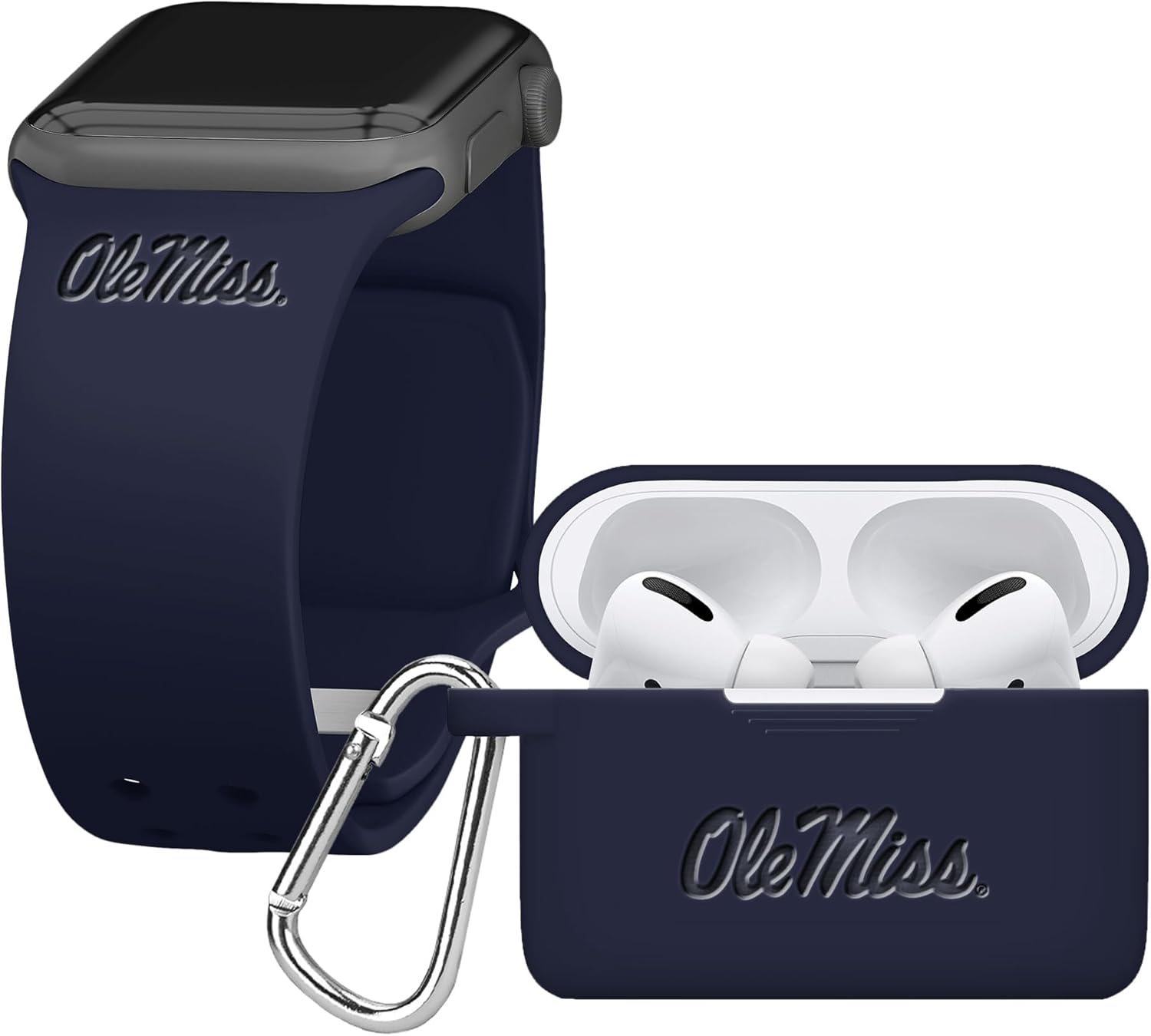 Affinity Bands Mississippi Ole Miss Rebels Engraved Silicone Combo Package Compatible with Apple Watch and AirPods Pro (38/40/41mm (42mm Series 11) Navy)