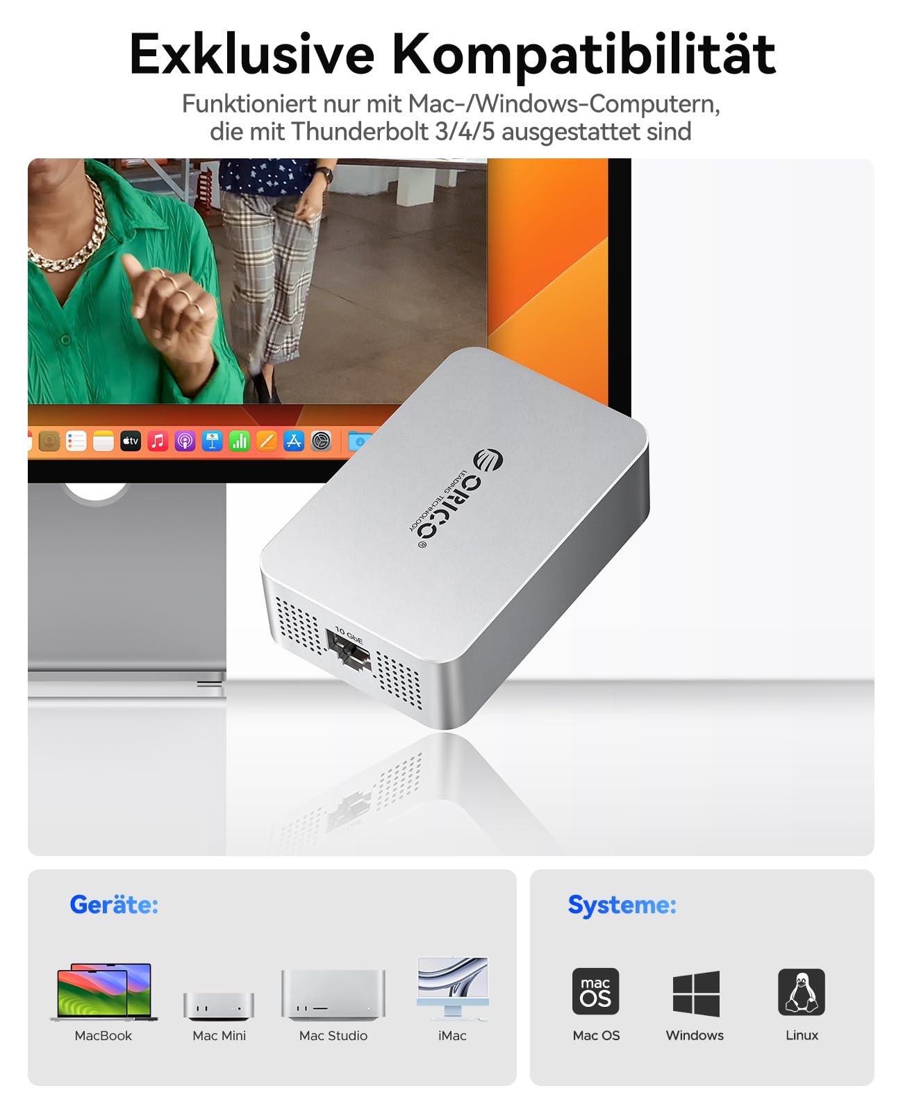 ORICO USB 4 to 10GbE Ethernet Adapter for Thunderbolt Unterstützt 10Gb/s, 5Gb/s, 2.5Gb/s, 1Gb/s und 100Mb/s Base-T, Kompatibel mit Thunderbolt 3/4/5 Geräten, mit 0.3M 40Gbps C zu C Kabel