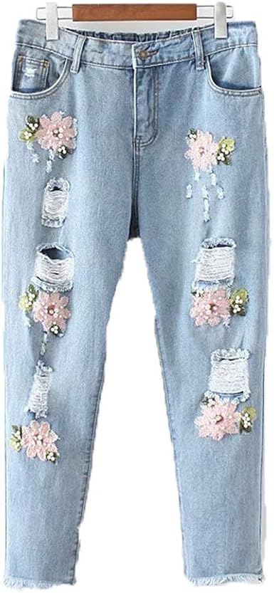 ARRILR.H Pantalones de Jeans Rotos para Mujer Pantalones de Mezclilla con Bordado  de Lady Distressed con Perlas lavadas Blue 5XL: Amazon.es: Ropa