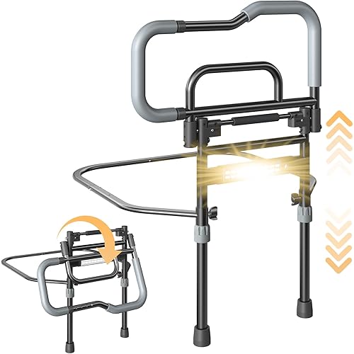 Bed Rails for Elderly Adults Safety, Foldable Bed Assist Rails for Seniors with Sensor Light & Storage Pocket, Adjustable Height, 180° One-Hand Folding Bed Side Rails Fit King Queen Full Twin
