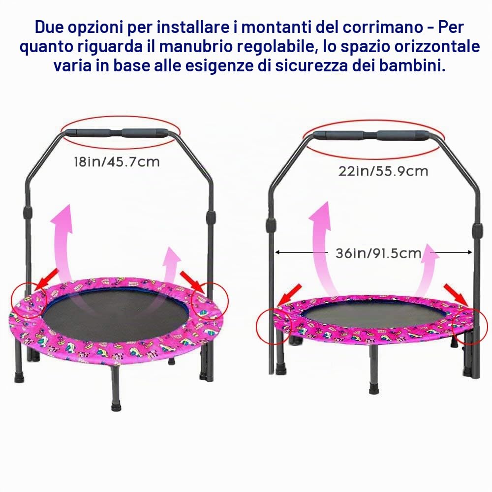 Trampolino elastico per 36" Trampolino Elastico Fitness bambini con manico e Copertura Imbottita di Sicurezza |per Interno ed Esterno| Pieghevole e Resistente per i Bambini