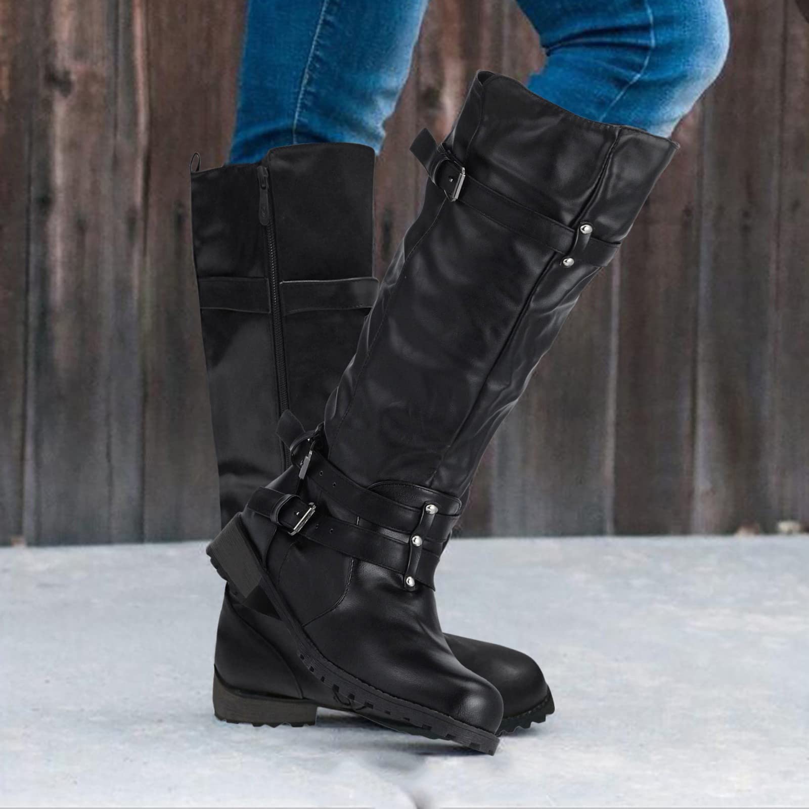 Botas de Invierno Mujer Botas para Mujeres Retro Chunky Heel Boots Knee Hign Boots de Mujeres
