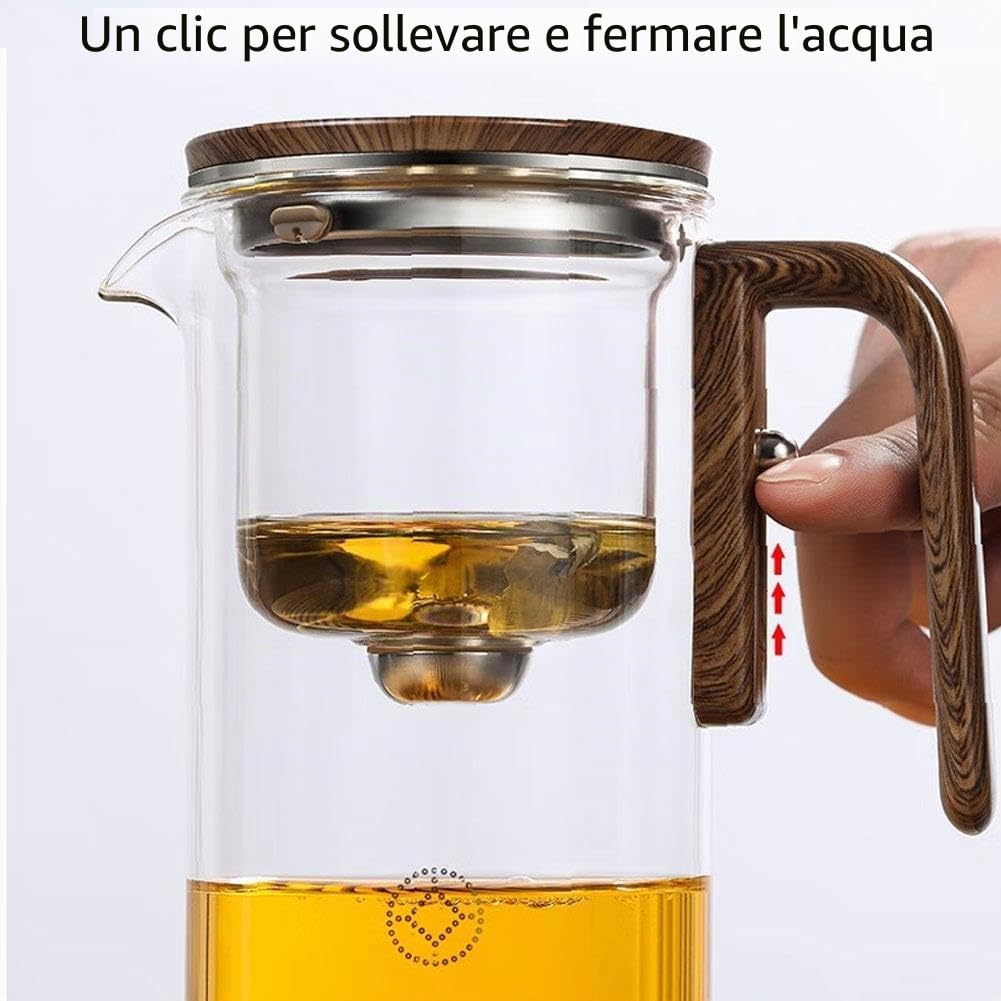 Teiera Stregoneria con Controllo a Pressione, 2 in 1 con Infusore per Tè Sfuso, in Vetro con Manico in Legno