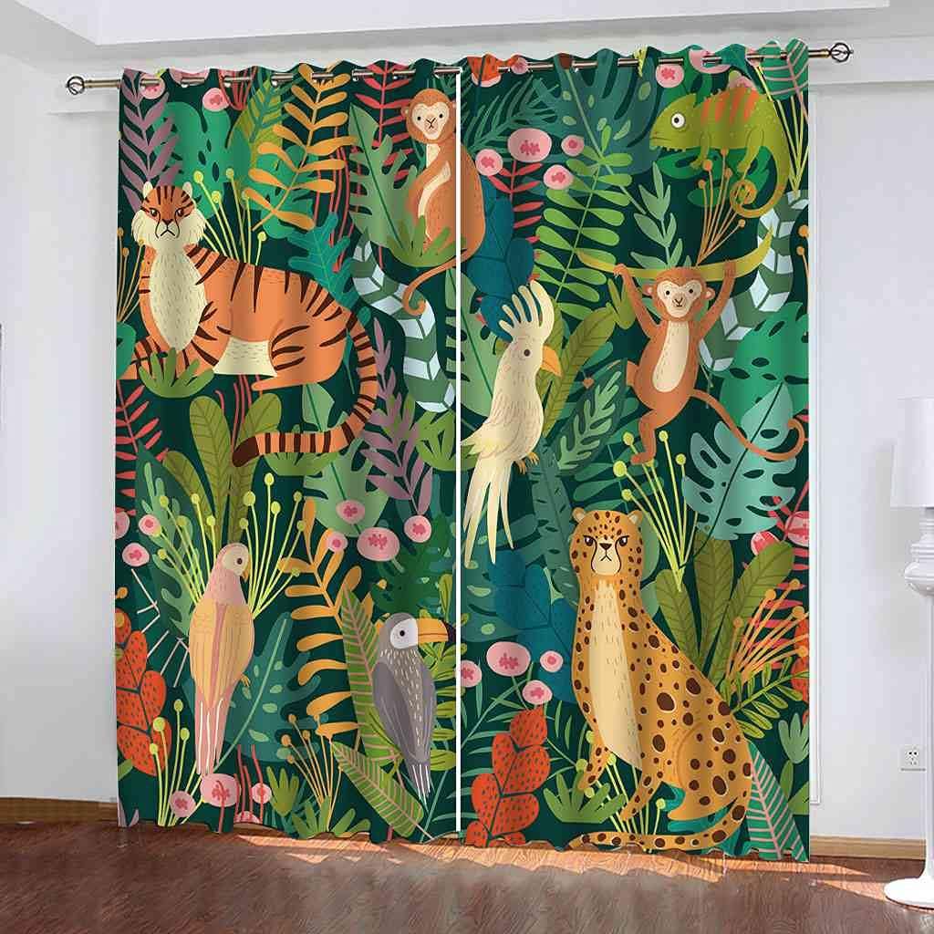 Modern Blackout Curtains with Eyelet 3D Printed Thermal Insulated Window Treatments Cartoon Forest Tiger Monkey Living Room Bedroom Window Drapes 2 Panel Set 72" X 108" (2XW55"xL96")