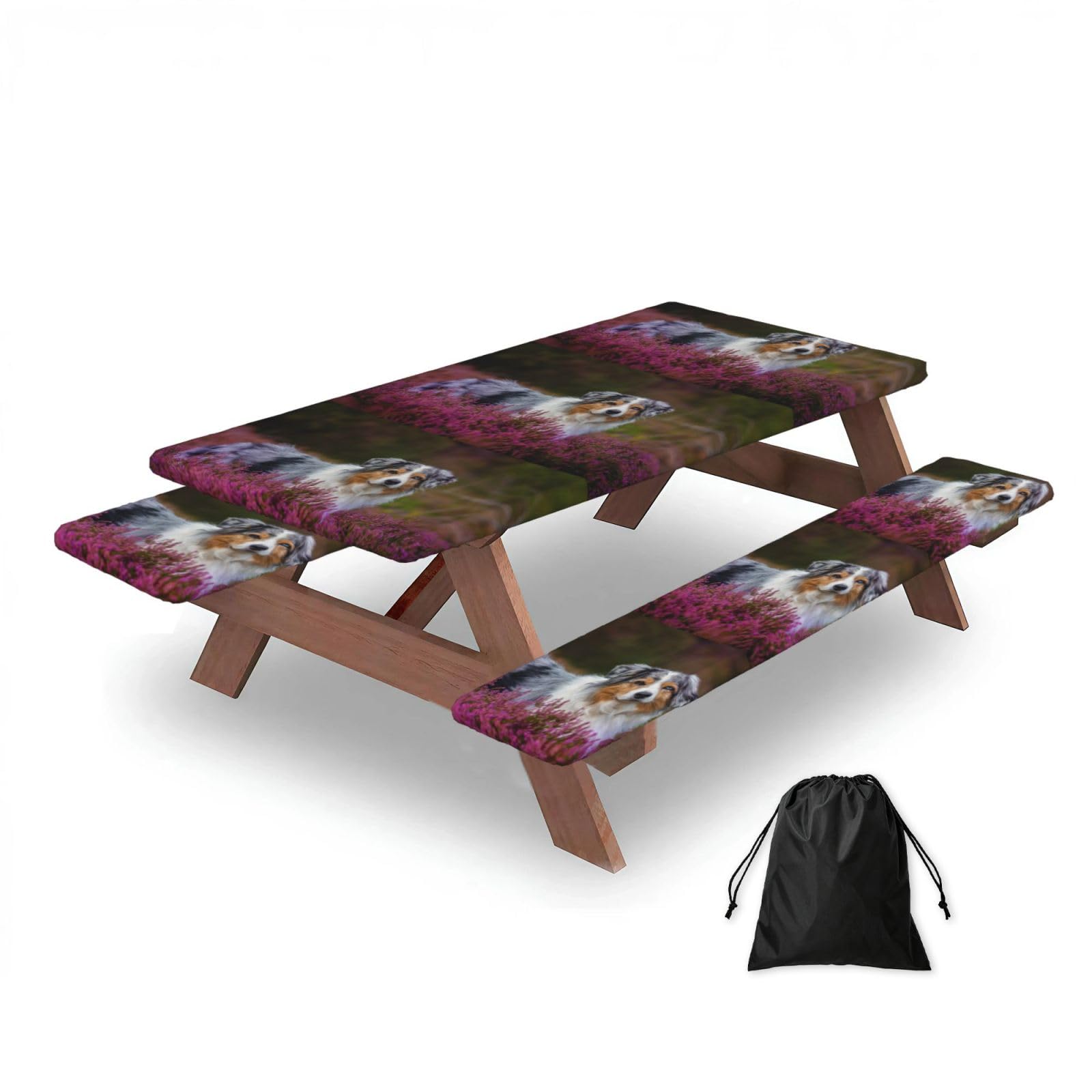 Dopklna As Picture Australian Shepherdch, Picnic Table Cover With Bench Covers -Waterproof Elastic Fitted Tablecloth For Garden Camping Patio 76X152cm