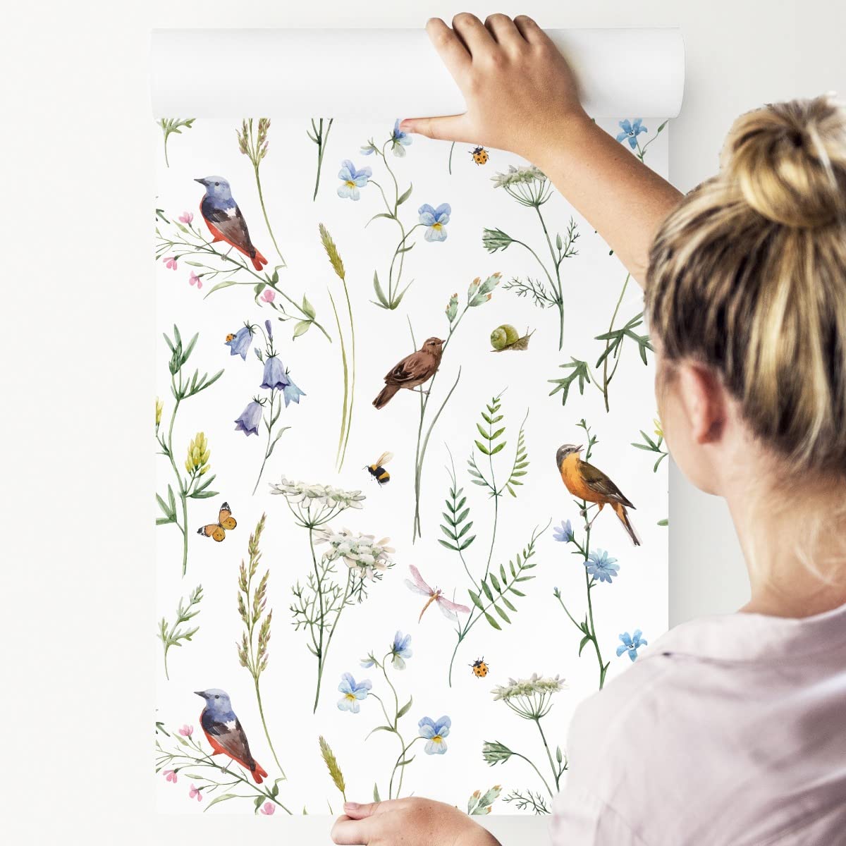Muralo Tapeta z włókniny, 10 m, rolki, ptaki, kwiaty, liście, owady, natura, dekoracja XXL, tapeta z włókniny, 1000 x 53 cm, tapeta ścienna, do jadalni, salonu, sypialni, nowoczesny wzór, dekoracja