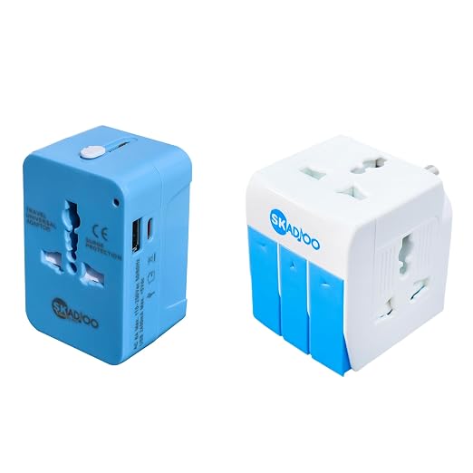 SKADIOO Universal Charger Adapter 2 Years Warranty, Type C, 240V, 3-in-1 Universal Travel Adapter All in One, International Travel Adapter, Multi Plug Adapter (Blue-White)