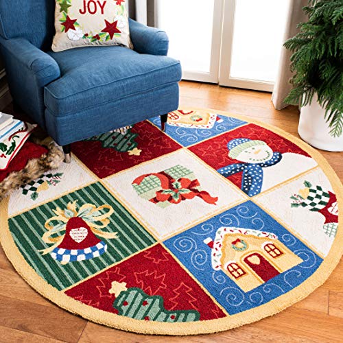 Safavieh Chelsea Collection HK274A Hand-Hooked Christmas Novelty Wool Area Rug, 5 6  x 5 6  Round, White   Multi