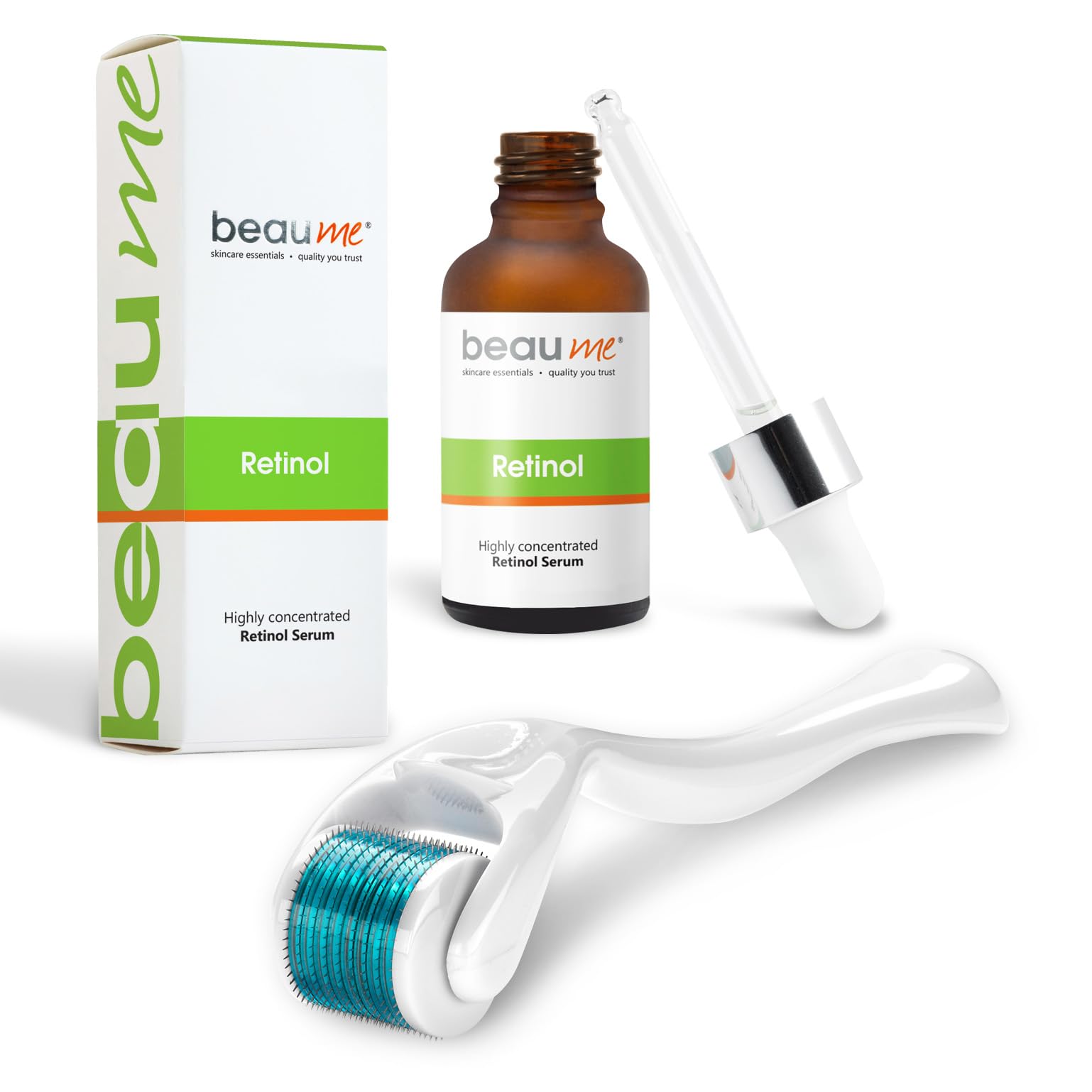 BEAUME® Set: Dermaroller with 540 needles • the Original • certified in Germany (0,50mm) & BEAUME® Highly Concentrated Retinol+E+F Serum 30ml • free of parabens