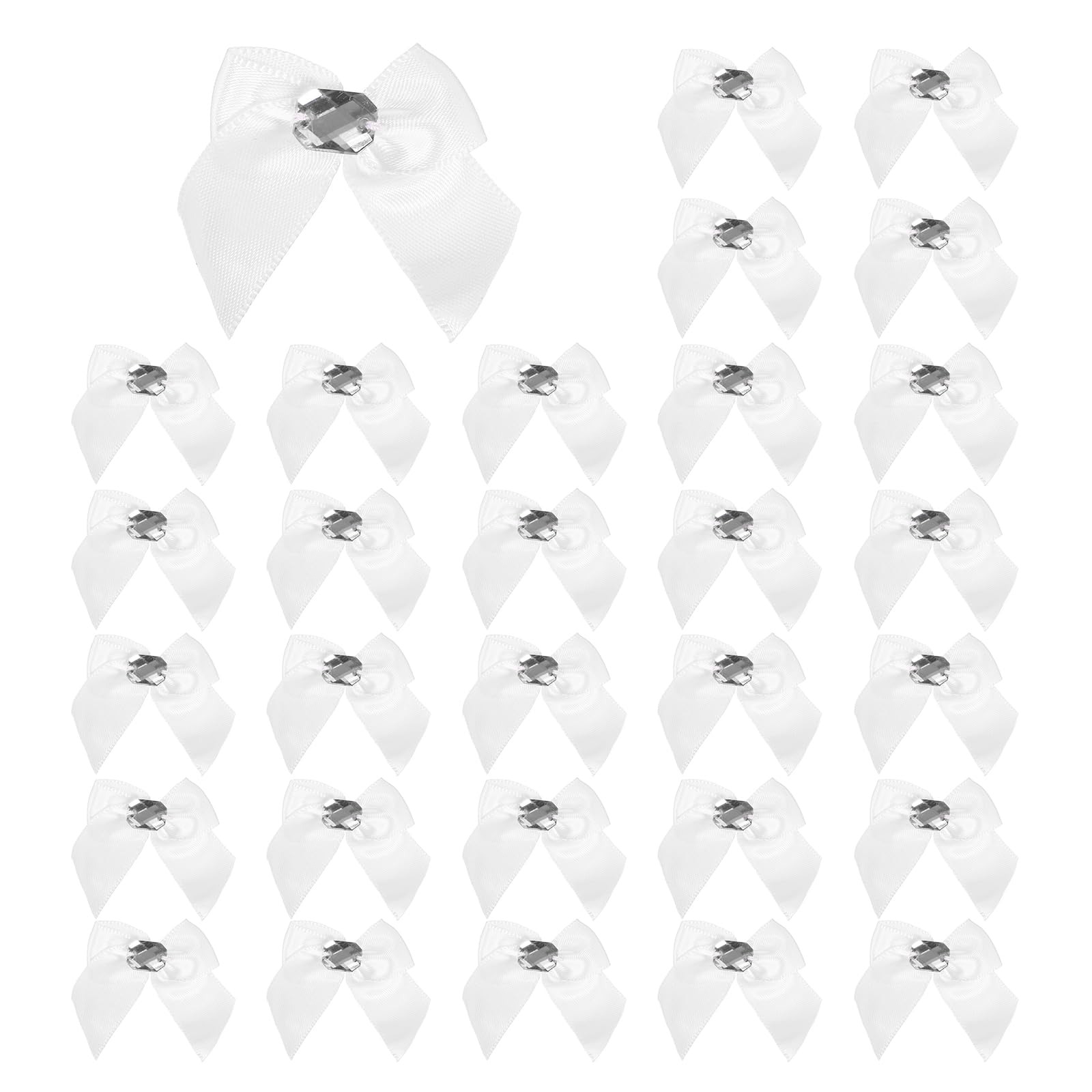 sourcing map 100Pcs Mini Satin Ribbon Bows with Rhinestones,1.38inch Mini Ribbon Flowers Appliques for DIY Christmas Wedding Decor Party Hair Sewing Candy Bags Scrapbooking Gift, White