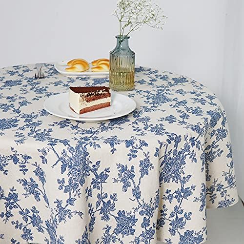 Wracra Cotton Linen Vintage Round Tablecloth Floral Pastoral Table Cloth Washable Table Cover for Indoor&Outdoor,Farmhouse Decor,Picnic,Tabletop Decoration (Blue Floral, Round 55")