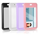 4 Pack Sliding ID Badge Holders, Heavy Duty Hard Plastic Vertical Card Protectors with Clear Window, Waterproof Cute ID Card Holders for Lanyard Fits Office, School, Nurses, Teachers (4 Colors)