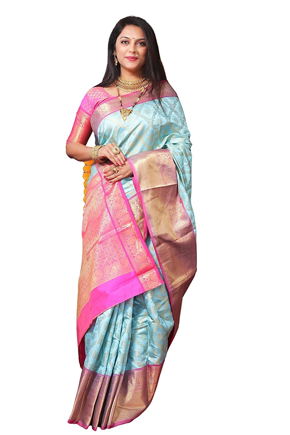 DEVANGIWomen's Kanjivaram Pure Soft Silk Handloom Saree Pure Golden Zari With Blouse Piece (MK-04-CGREEN), Light Blue, Free Size