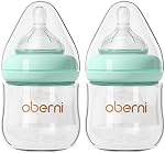 Oberni Glass Baby Bottles, Anti Colic Newborn Milk Bottles for Babies 0-3 Months, 120ml/4oz Baby Glass Bottles with Natural Response Slow Flow Breast-Like Nipple, Blue/2 Pack