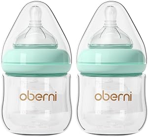 Oberni Glass Baby Bottles, Anti Colic Newborn Milk Bottles for Babies 0-3 Months, 120ml/4oz Baby Glass Bottles with Natural Response Slow Flow Breast-Like Nipple, Blue/2 Pack