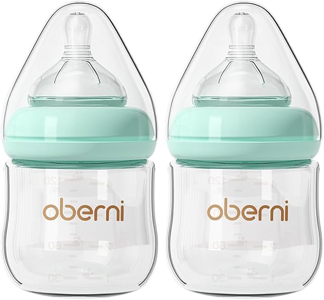 Oberni Glass Baby Bottles, Anti Colic Newborn Milk Bottles for Babies 0-3 Months, 120ml/4oz Baby Glass Bottles with Natural Response Slow Flow Breast-Like Nipple, Blue/2 Pack