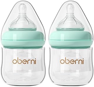 Oberni Babyflaschen aus glas, Milchflasche mit Silikon Sauger für Neugeborene 0+ Moaten, 120ml/Blau/2 Stück