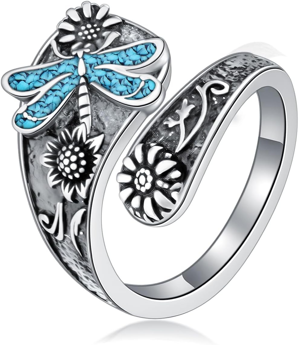 PEIMKO 925 Sterling Silver Turquoise Butterfly/Dragonfly/Bees/Ladybug Spoon Ring Vintage Sunflower Oxidized Wrap Adjustable Ring Floral Boho Style Jewelry Gifts for Women Mother