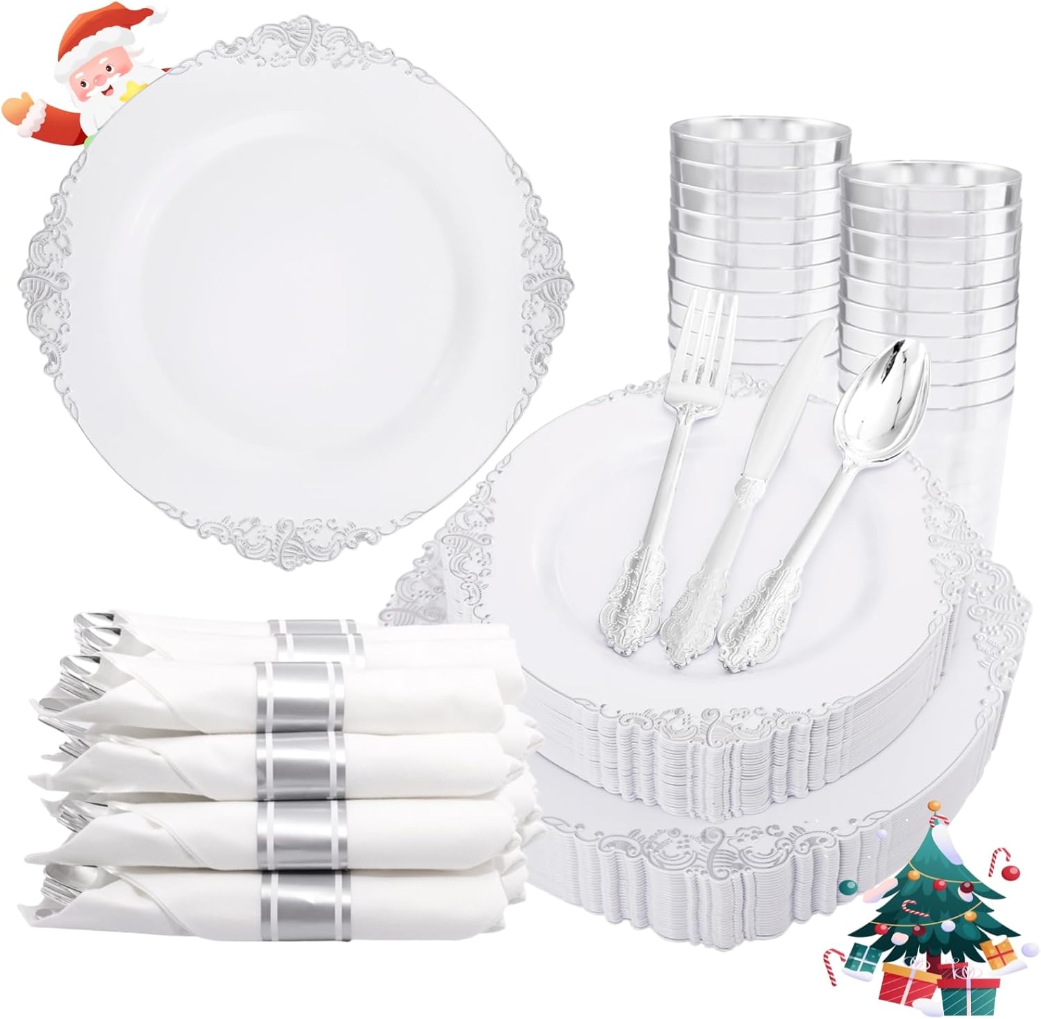 Liacere 350PCS Silver Plastic Plates&Pre Rolled Napkins for 50 Guests - Plastic Dinnerware Sets 100Silver Disposable Plates, 150Silver Silverware, 50Cups and 50Napkins for Christmas