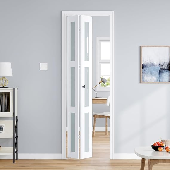 Bifold Doors for 2480-3/4 Opening, Preassembled White Frosted Glass Folding Barn Door, Sliding Interior Wood Panel Closet Bifolding Door with Concealed Hardware Kit Included