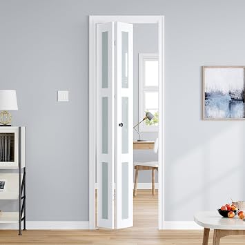Bifold Doors for 2480-3/4 Opening, Preassembled White Frosted Glass Folding Barn Door, Sliding Interior Wood Panel Closet Bifolding Door with Concealed Hardware Kit Included