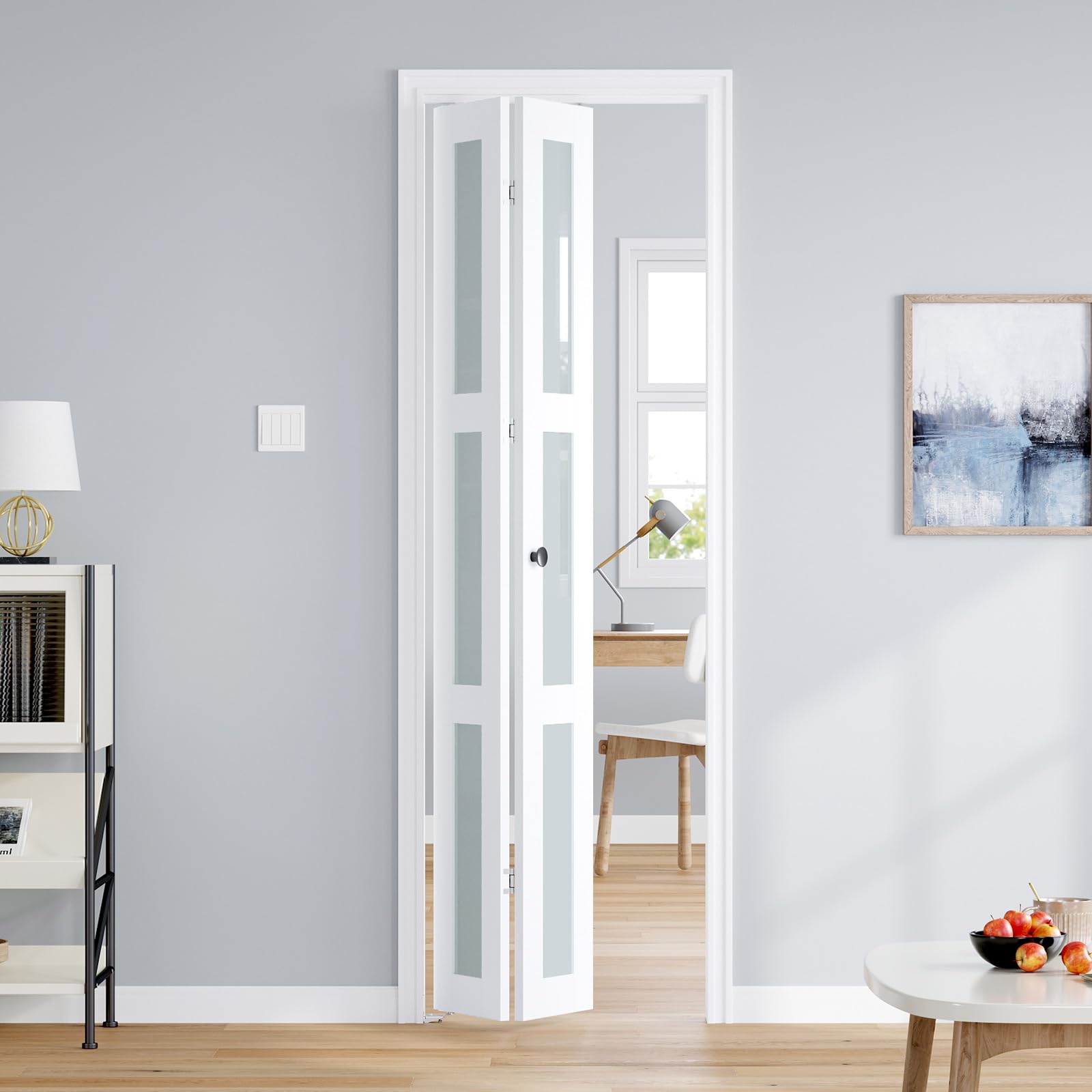 Photo 1 of Roymelo Bifold Doors for 24"×80-3/4" Opening, Preassembled White Frosted Glass Folding Barn Door, Sliding Interior Wood Panel Closet Bifolding Door with Concealed Hardware Kit Included