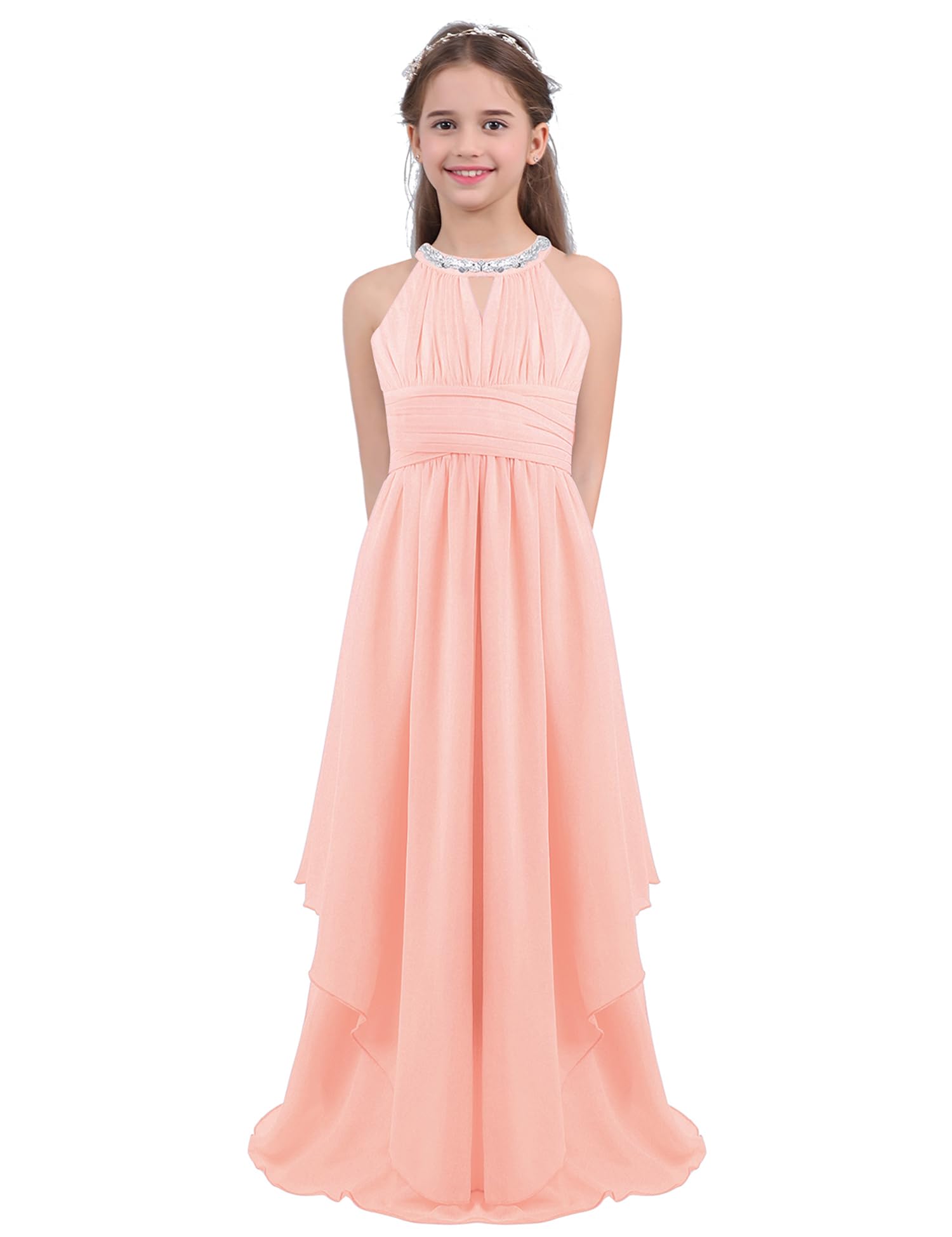 IEFIEL Vestido Princesa Niña de Las Flores Vestido Plisado de Gasa Elegante Cuello Hálter con Brillante Pedrería Vestido Ceremonia para Boda de Noche Desfile 6-16 Años