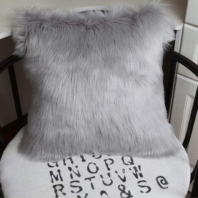 KAIHONG Luxury Faux Fur Throw Pillow Cover Fluffy Soft Decorative Square Pillow covers Plush Pillow Case Faux Fur Cushion Covers For Livingroom Sofa Bedroom etc. (Gray, 45X45CM)