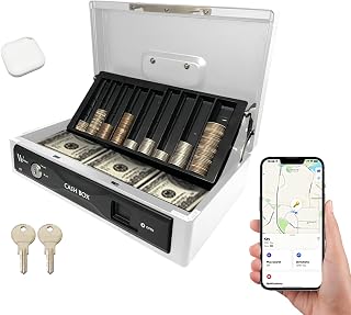 Cash Box with Lock,with Smart Tag have GPS Tracking,Money Box with Cash Tray,Lock Safe Box with Key,Money Saving Organizer, Metal Money for Business,Home, Travel, Gifts
