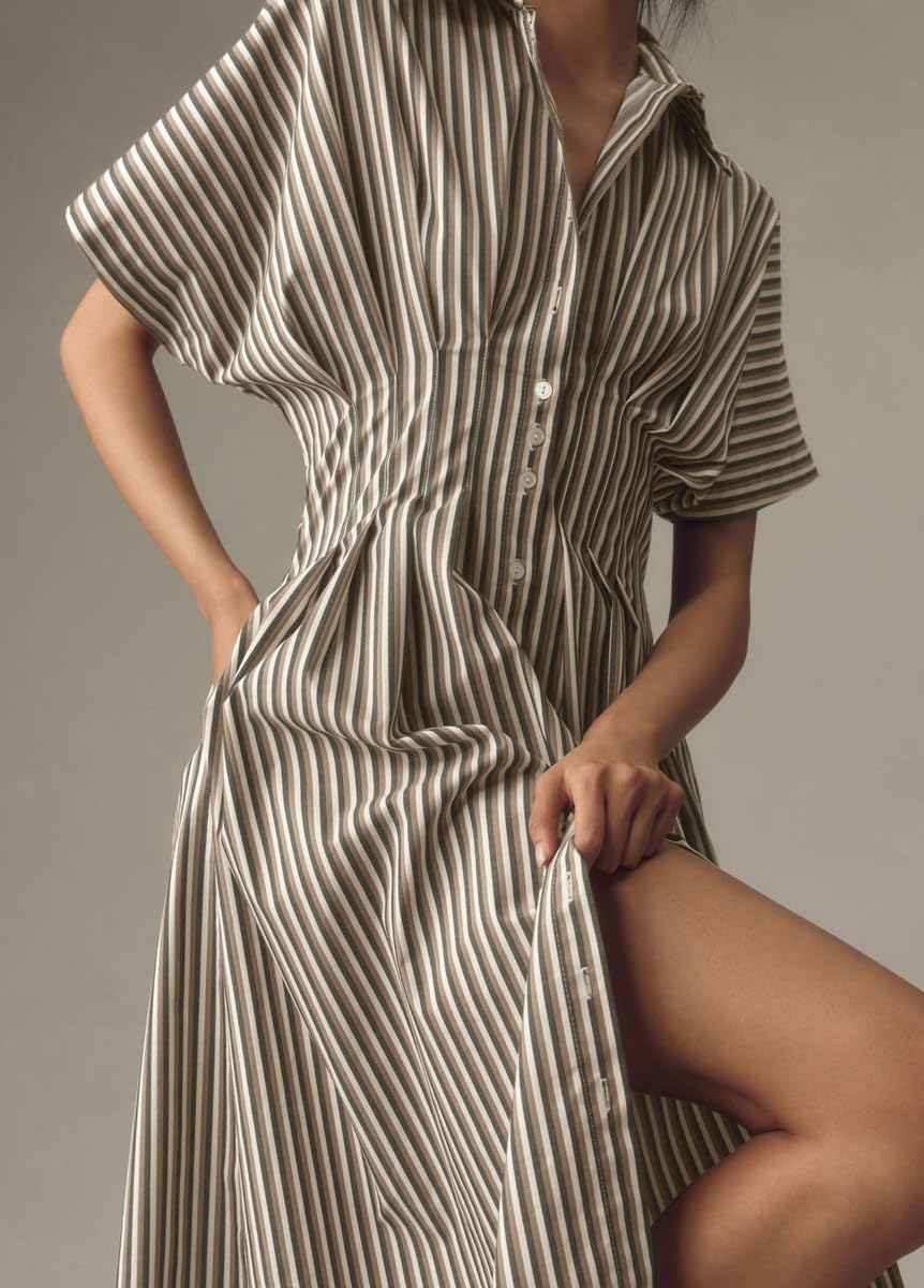 chouyatou Women's Contrast Color Striped Shirt Dress Pleated Button Down Maxi Long Tunic Dress - Image 3