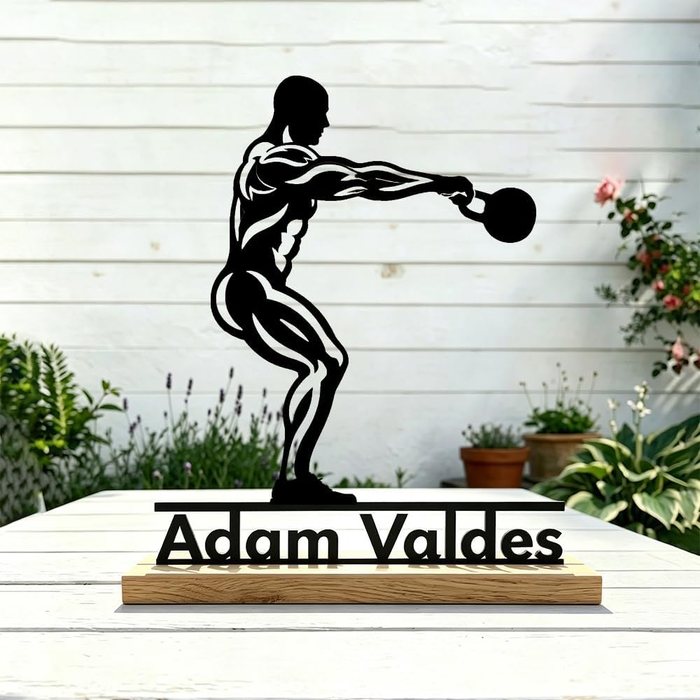 Custom Kettlebell Athlete Metal Sign with Wooden Base Personalized Fitness image 3