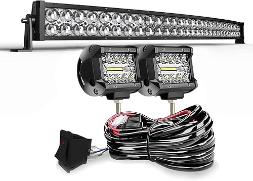 DOT 5D - Barra de luz LED curvada de 42 pulgadas y 240 W + 2 módulos de cubo LED de 4 pulgadas de 60 W con kit de cableado para barco marino,