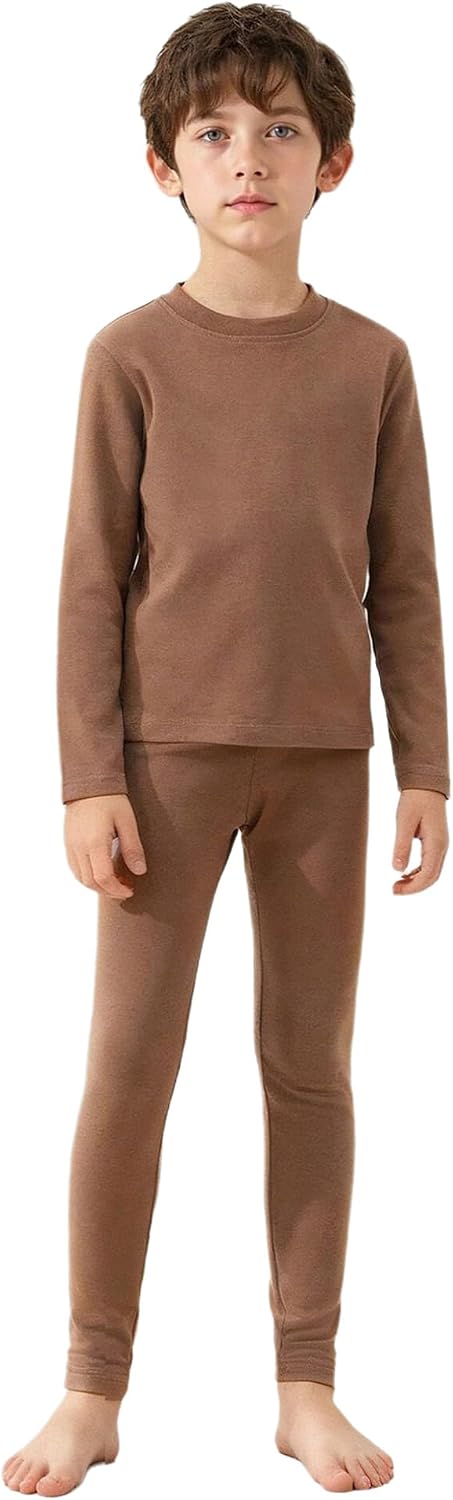 JEATHA Kids Boys Thermal Underwear Outfit 2 Piece Thermal Shirts And Leggings Set Winter Base Layers Brown 5-6 Years
