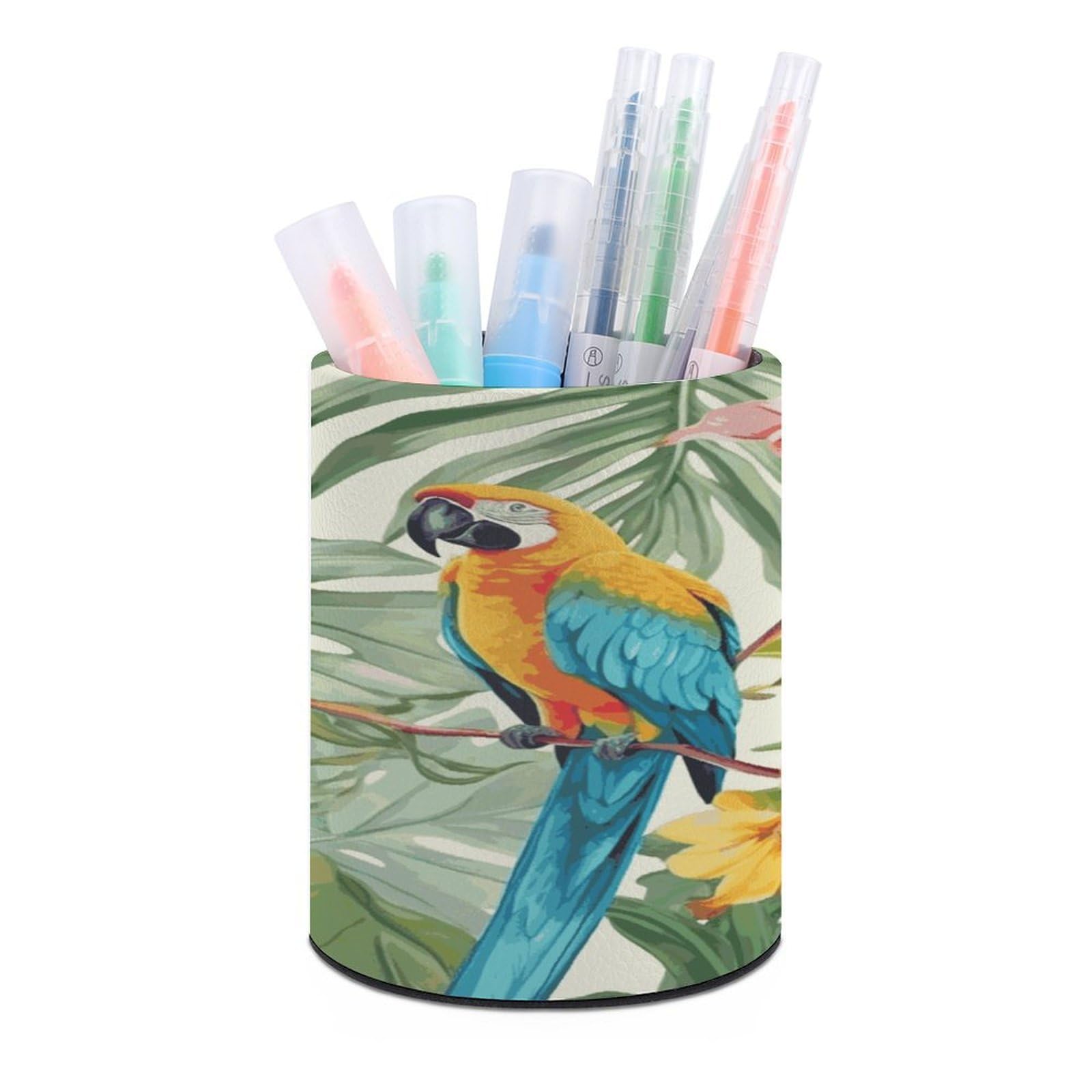 LDGSUPH Tropical Plants And Parrots Round Pen Holder Leather Pen Cup Pencil Cup Pen Organizer Pencil Holder for Desk Organizer Pencil Organizers Makeup Brush Holders for Home Office Gift
