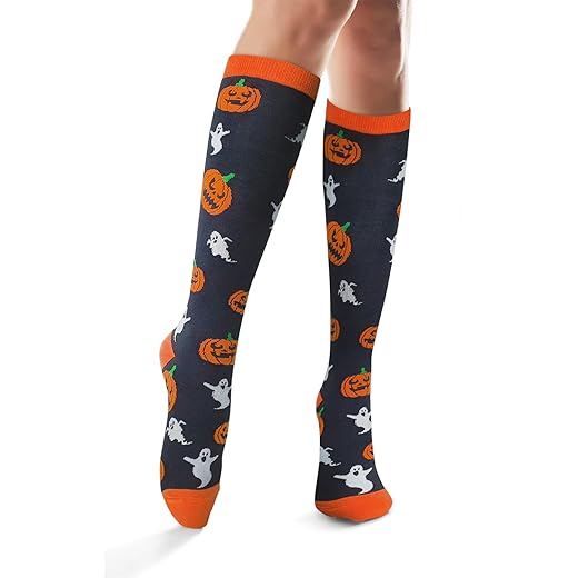 YEJIMONG Women's Cotton Knee High Socks, Halloween Pumpkin Patterned Long Tube Socks,1 Pairs Size 5-9 (Halloween Pumpkin Ghost - 1 Pairs)
