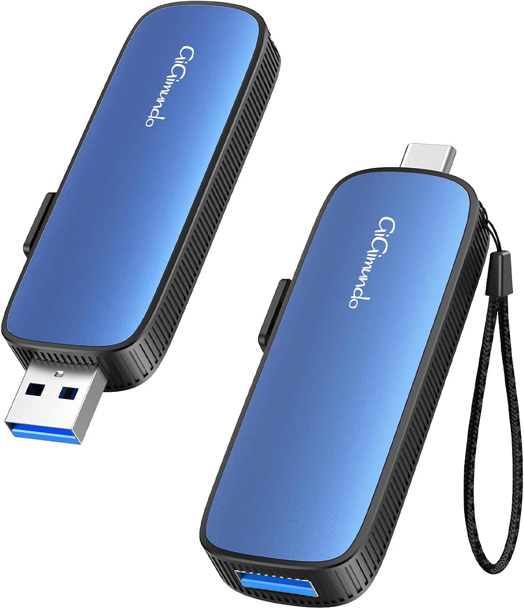GiGimundo 256GB External Portable SSD, Up to 1073MB/s Dual Port USB C Thumb Drive USB 3.2 Gen 2+USB A Solid State Drives for iPhone 15/16/17/Android/Mac,Blue