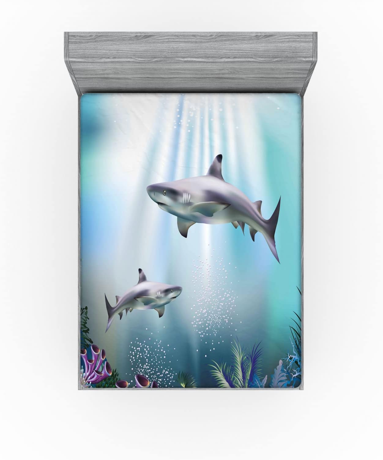 Ambesonne Underwater Fitted Sheet, Realistic Illustration Wild Sharks and Plants Corals Seaweed Aquatic Ocean Life, Soft Decorative Fabric Bedding All-Round Elastic Pocket, Queen Size, Turquoise