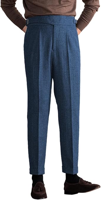 Mens Vintage Pants Tweed Herringbone Knit Pleated Pants Casual Business Suit Trousers