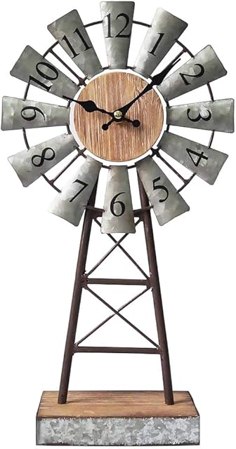 MODE HOME Galvanized Windmill Desk Clock on Stand, Vintage Large Table and Shelf Clock, Decorative Farmhouse Mantel Clock for Bedroom, Kitchen, Living Room, Bathroom