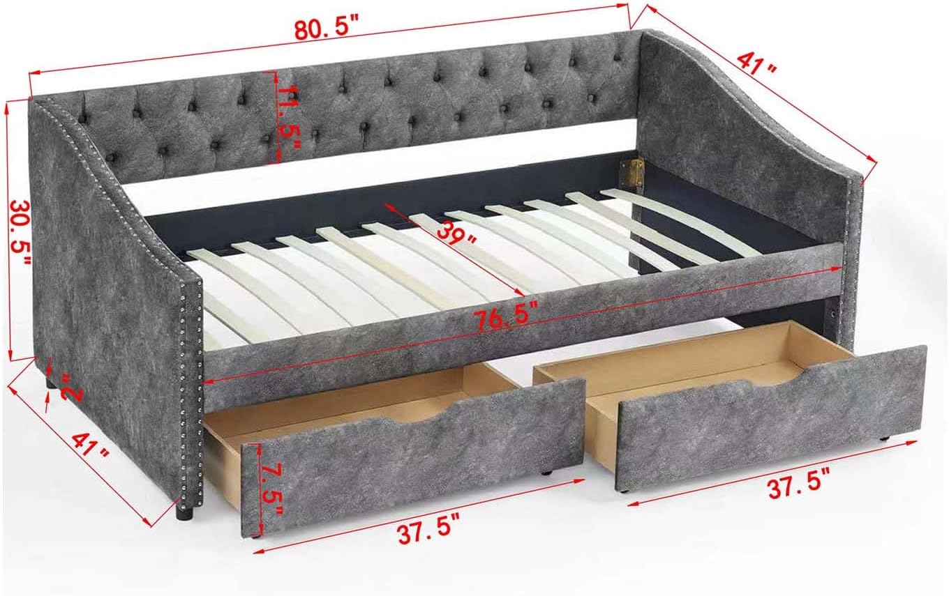 Wood Twin Daybed, Day Bed Frame with 2 Storage Drawers, Upholstered Twin Bed Frame Sofa Couch with Button and Nailhead Design for Bedroom Guest Room, No Box Spring Needed, Dark Grey