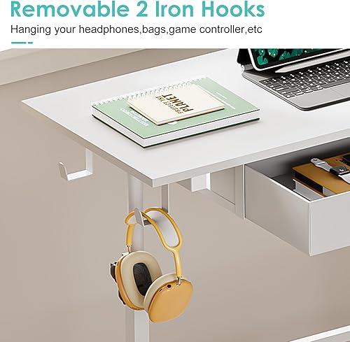 Miniatura 6 de Pequeño escritorio blanco para computadora de pie con cajones, altura ajustable para oficina en casa, escritorio de pie con 4 ruedas y 2 ganchos,