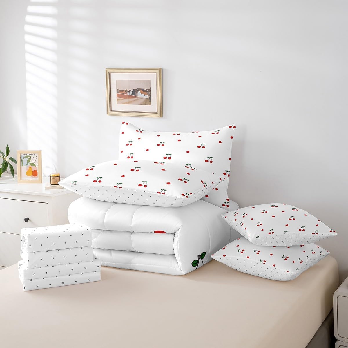 Erosebridal Kids Red Cherry 7 Piece Bedding Set Full Size,Cherry Pattern Bed in a Bag,Yummy Fruit Bed Set Includes Comforter, Sheet Set, Pillowcases & Pillow Covers All Season Bedroom Decor