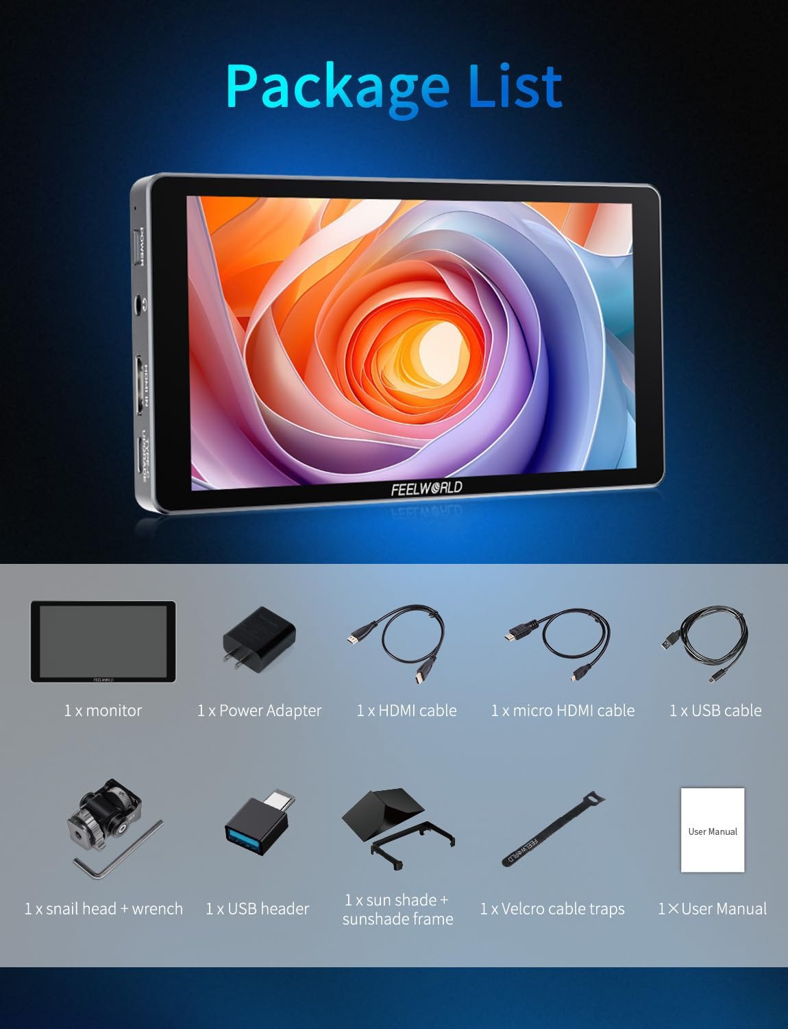 Contents of the FEELWORLD P6XL package laid out on a surface, including the monitor, various cables, mount, sunshade, and manual.