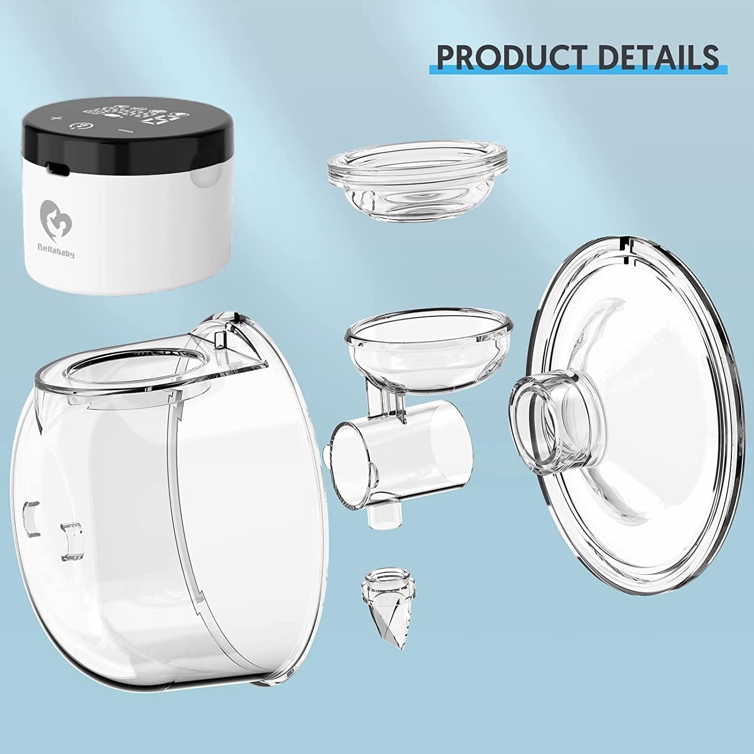 Bellababy Tiralatte Elettrico Indossabile Mani Libere, Display LCD Touchscreen, 4 Modalità e 9 Livelli, Flange da 24 mm, Inserto da 17mm, 19mm e 21mm, 2 Pezzi