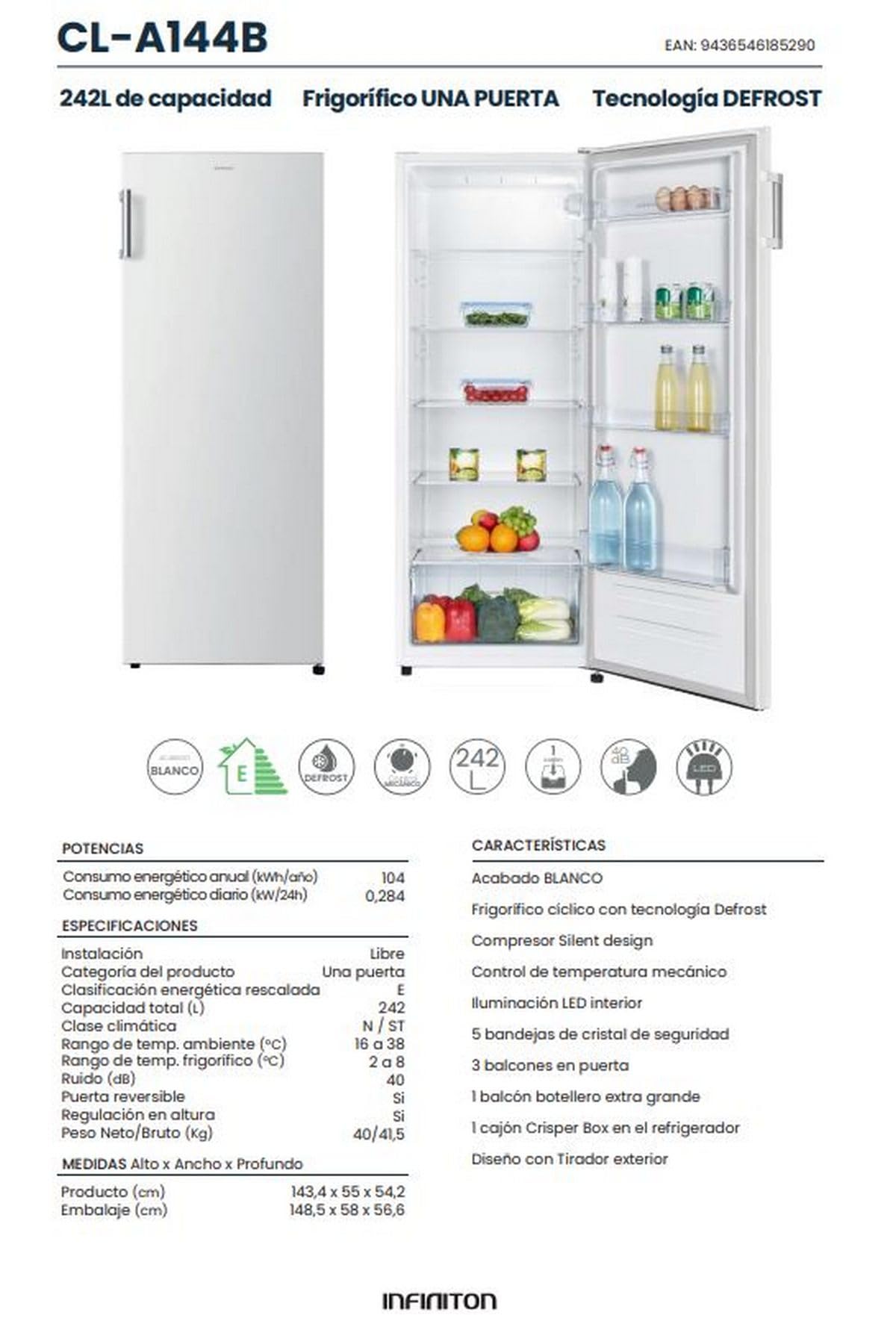 INFINITON Frigorifico Cooler CL-A144B, 242 Litros, E, Iluminación LED interior, Defrost, Diseño con Tirador exterior, Blanco