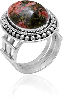 Veracity Jewelry Unakite Jasper Rings For Women - 925 Sterling Silver Unakite Jasper Handmade Jewelry - Natural Orange Green Red Multi Color Gemstone Designer Fashion Jewelry Rings - Beautifully Crafted Trendy Bohemian Rings For Unisex - VSR-13